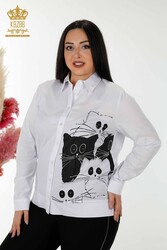 Producida en Tela de Algodón Lycra - Camisa - Estampado de Gatos - Bordado Piedra - Ropa de Mujer - 20318 | Textiles reales - Thumbnail