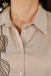 Chemise en tissu de coton lycra à motifs de fleurs brodés de pierres de cristal Vêtements pour femmes - 20297 | Vrai textile - Thumbnail