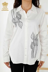 Camicia in tessuto Lycra di cotone con motivo floreale ricamato con pietre di cristallo Abbigliamento donna - 20297 | Tessuto reale - Thumbnail