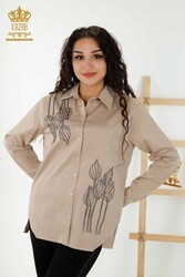 Camicia in tessuto Lycra di cotone con motivo floreale ricamato con pietre di cristallo Abbigliamento donna - 20297 | Tessuto reale - Thumbnail