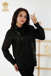 Camicia in tessuto Lycra di cotone con motivo floreale ricamato con pietre di cristallo Abbigliamento donna - 20297 | Tessuto reale - Thumbnail