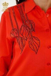 Shirt Made of Cotton Lycra Fabric Flower Patterned Crystal Stone Embroidered Women's Clothing - 20297 | Real Textile - Thumbnail