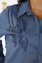 Shirt Made of Cotton Lycra Fabric Flower Patterned Crystal Stone Embroidered Women's Clothing - 20297 | Real Textile - Thumbnail