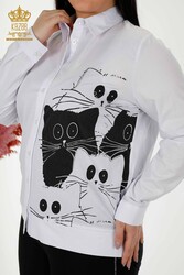 Produced with Cotton Lycra Fabric - Shirt - Cat Pattern - Stone Embroidered - Women's Clothing - 20318 | Real Textile - Thumbnail