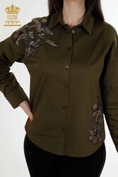 Produced with Cotton Lycra Fabric Shirt - Stone Embroidered - Women's Clothing Manufacturer - 20252 | Real Textile - Thumbnail