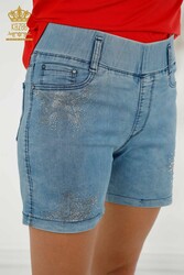 Pantaloncini realizzati con tessuto a maglia in lycra Produttore di abbigliamento femminile ricamato in pietra - 3531 | Tessuto reale - Thumbnail