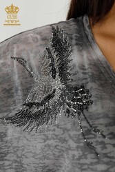 Bluse aus Viskose Stoff mit Vogelmuster und Stein Stickerei für Damenbekleidung – 79124 | Echtes Textil - Thumbnail